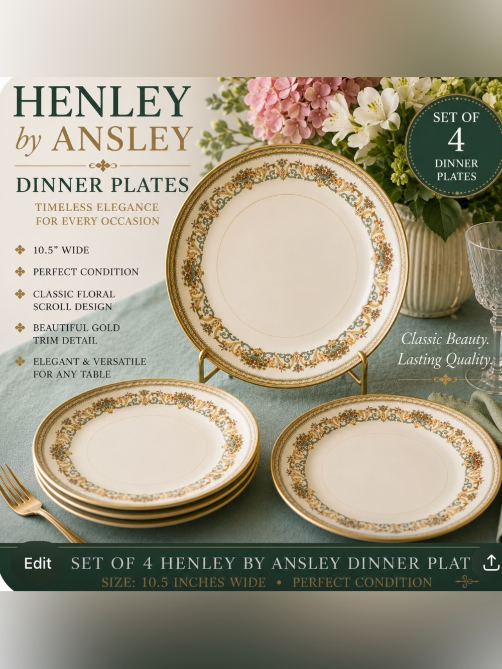 Henley by Aynsley  Cream and Gold Dinner Plate, set of four